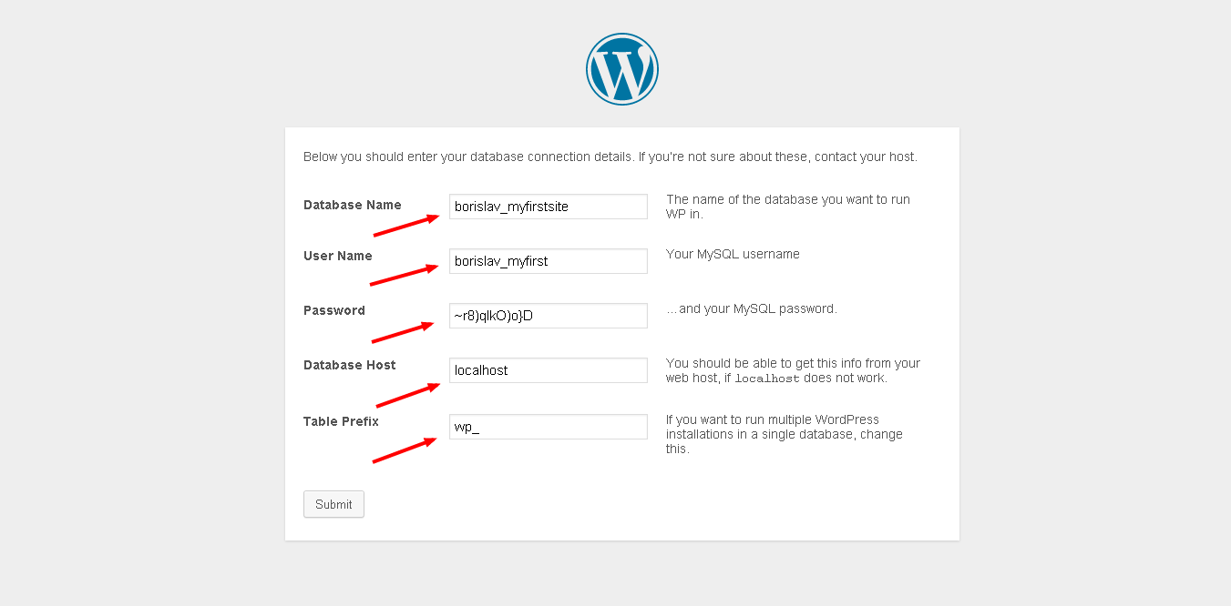 Adding the database info to your wordpress site